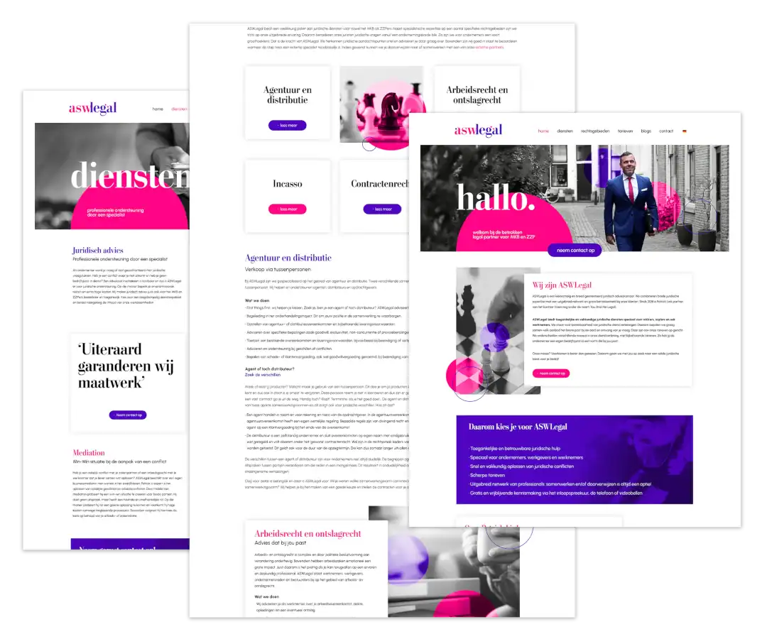 Mockup van de WordPress-website voor ASW Legal in Utrecht, gebouwd op basis van ontwerp door Atexo.