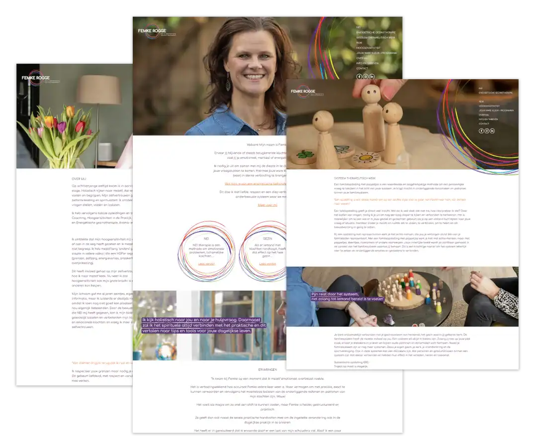 Mockup van de WordPress-website voor Femke Rogge, gebouwd op basis van een extern ontwerp.