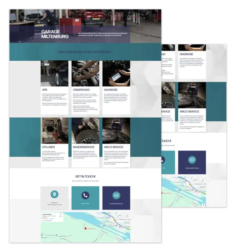 Mockup van de WordPress-website voor Garage Miltenburg, technisch gebouwd en beheerd door mij met ontwerp van FlairDesign.