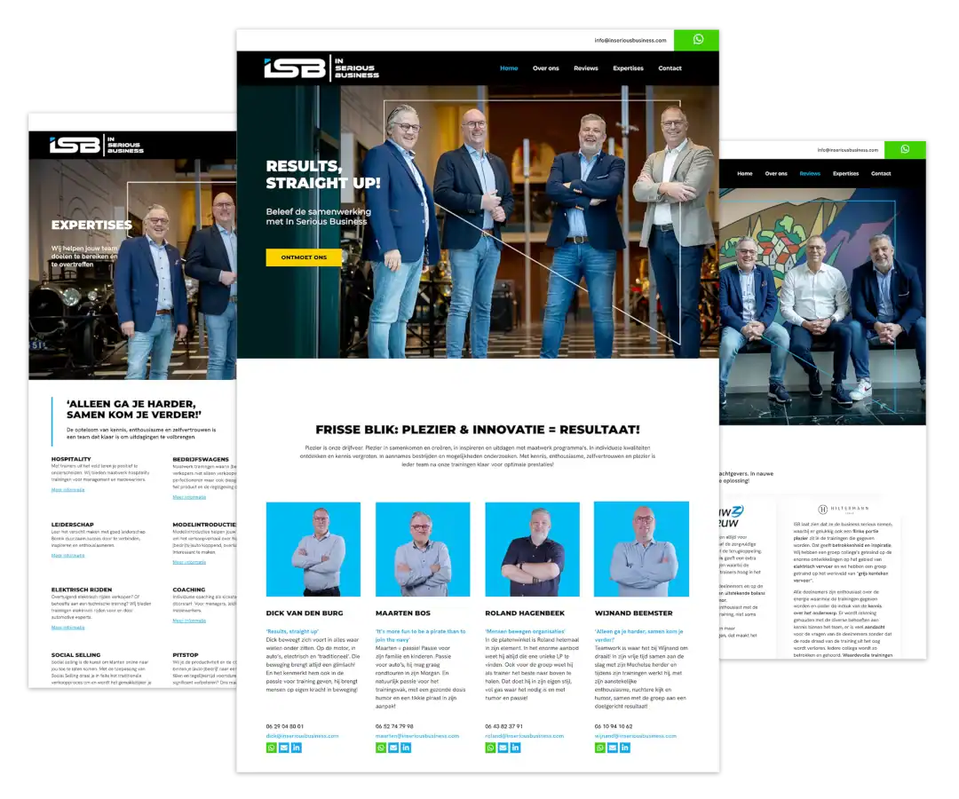 Mockup van de WordPress-website voor In Serious Business, gebouwd door website bouwer Utrecht op basis van ontwerp van Atexo.