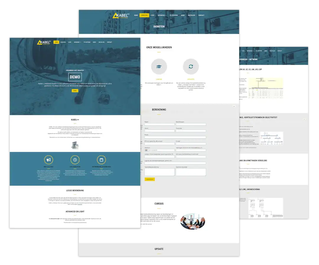 Mockup van de WordPress-website voor Kabelberekening.com, met focus op onderhoud en beveiliging.