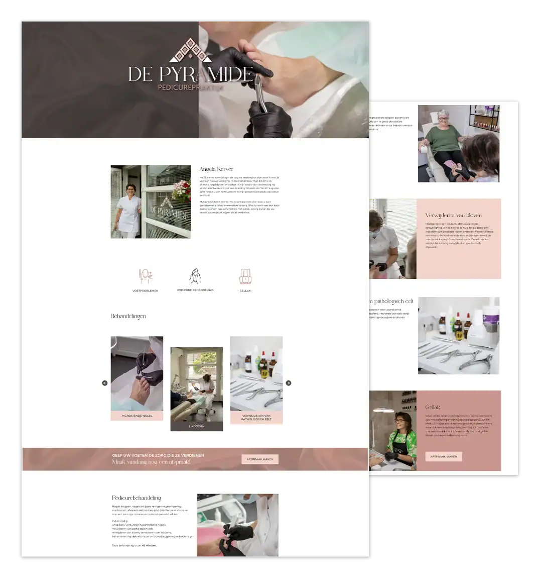 Mockup van de WordPress-website voor Pedicurepraktijk De Pyramide, gebouwd door mij met ontwerp van FlairDesign.
