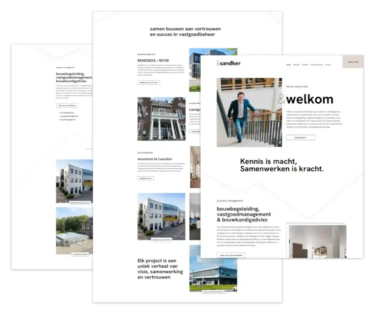 Mockup van de WordPress-website voor Sandker, technisch gebouwd door mij op basis van ontwerp van Studio Atexo.