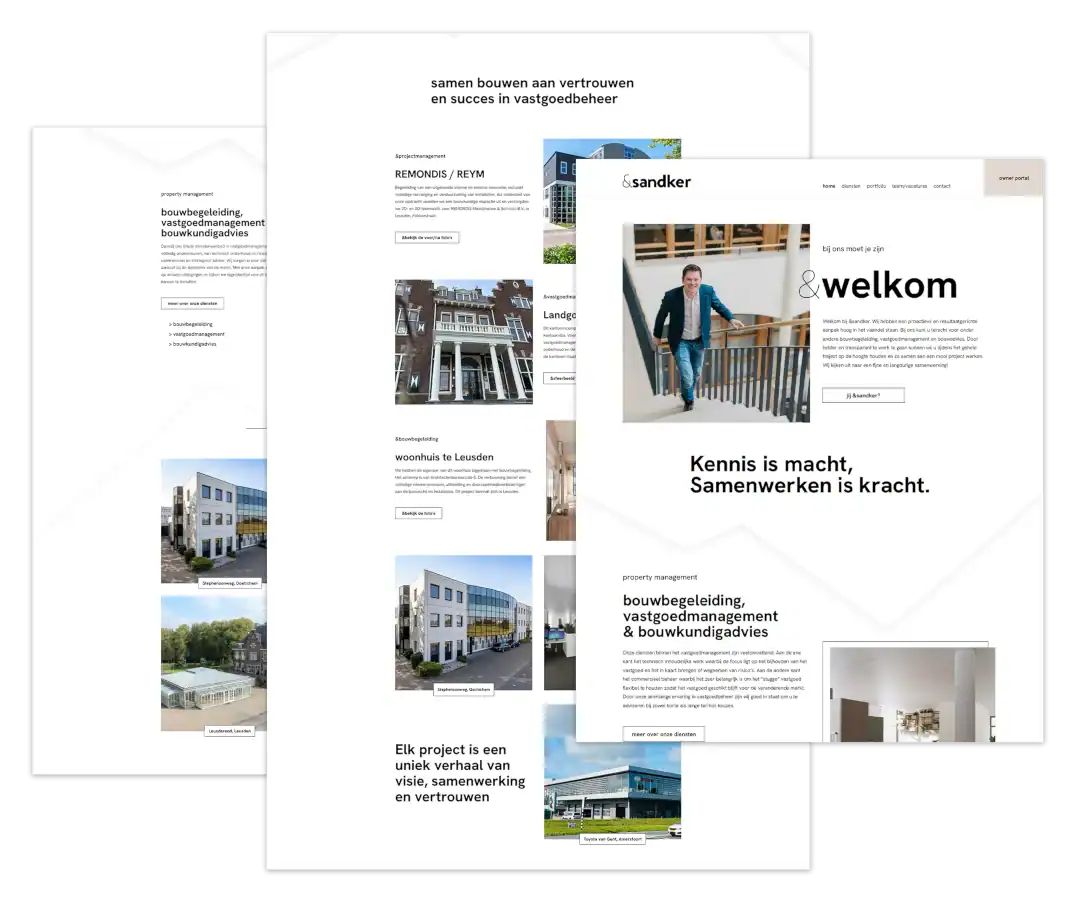 Mockup van de WordPress-website voor Sandker, technisch gebouwd door mij op basis van ontwerp van Studio Atexo.