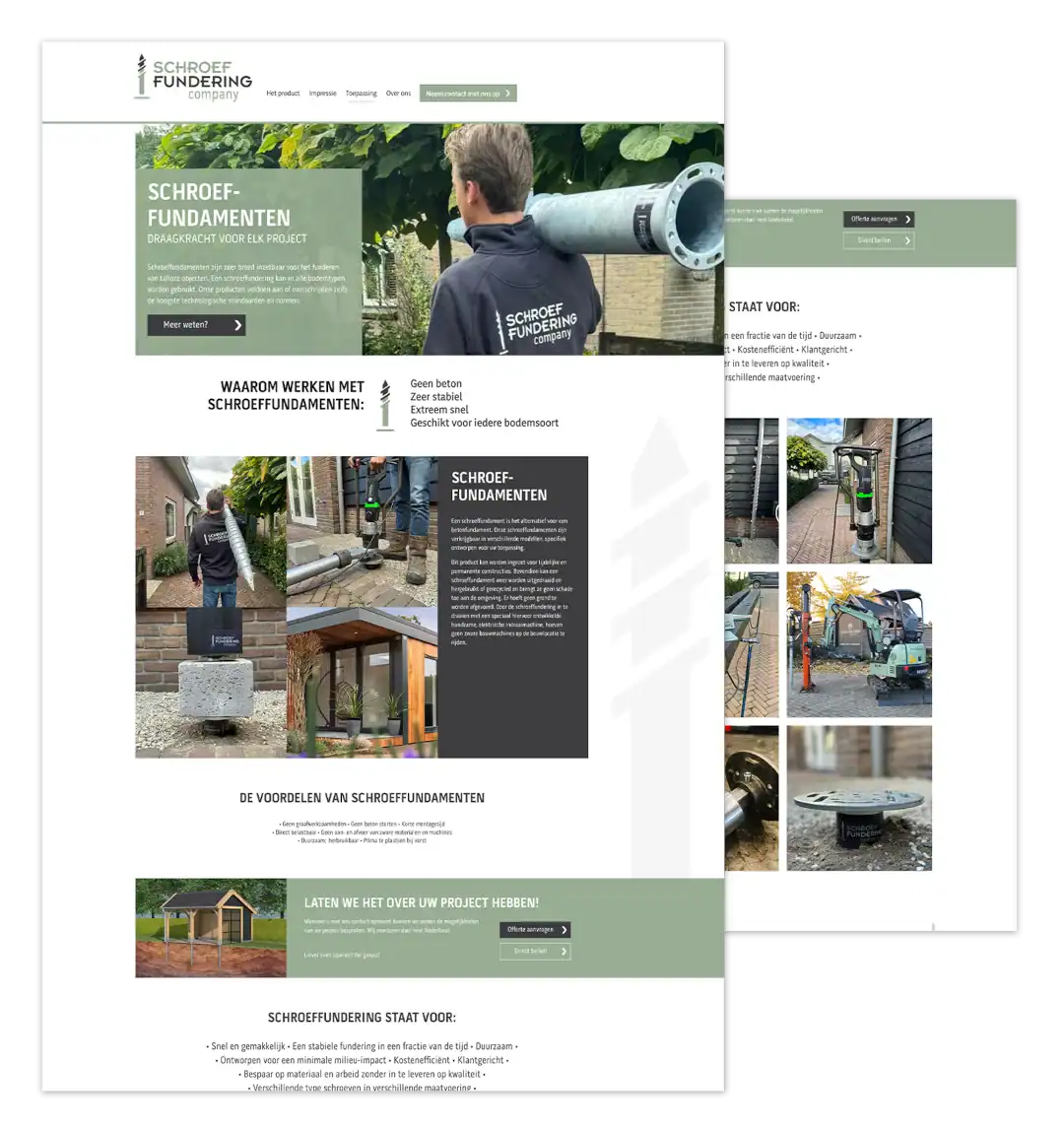 Mockup van de WordPress-website voor Schroeffundering Company, gebouwd door mij op basis van ontwerp van FlairDesign.