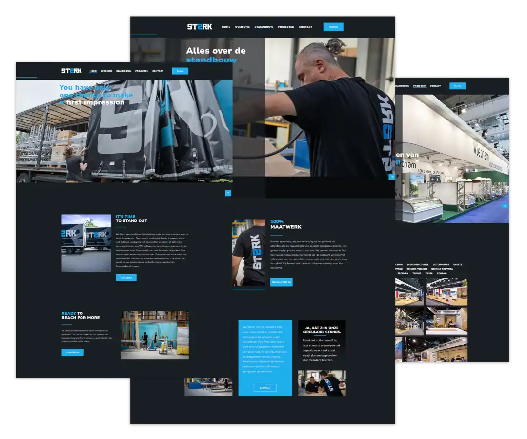 Mockup van de WordPress-website voor Sterk Standbouw, technisch gebouwd door mij met ontwerp van FlairDesign.