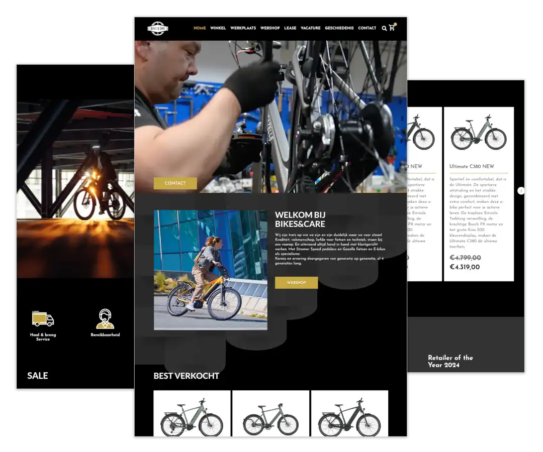 Mockup van de WordPress-website voor Bikes & Care in Odijk en Zeist, gebouwd door mij met ontwerp van FlairDesign en onder mijn hosting en onderhoud.