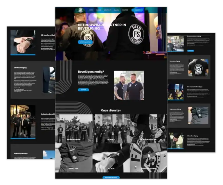 Mockup van de WordPress-website voor Field Security, gebouwd door mij als website bouwer Utrecht met ontwerp van FlairDesign en onder mijn hosting en onderhoud.