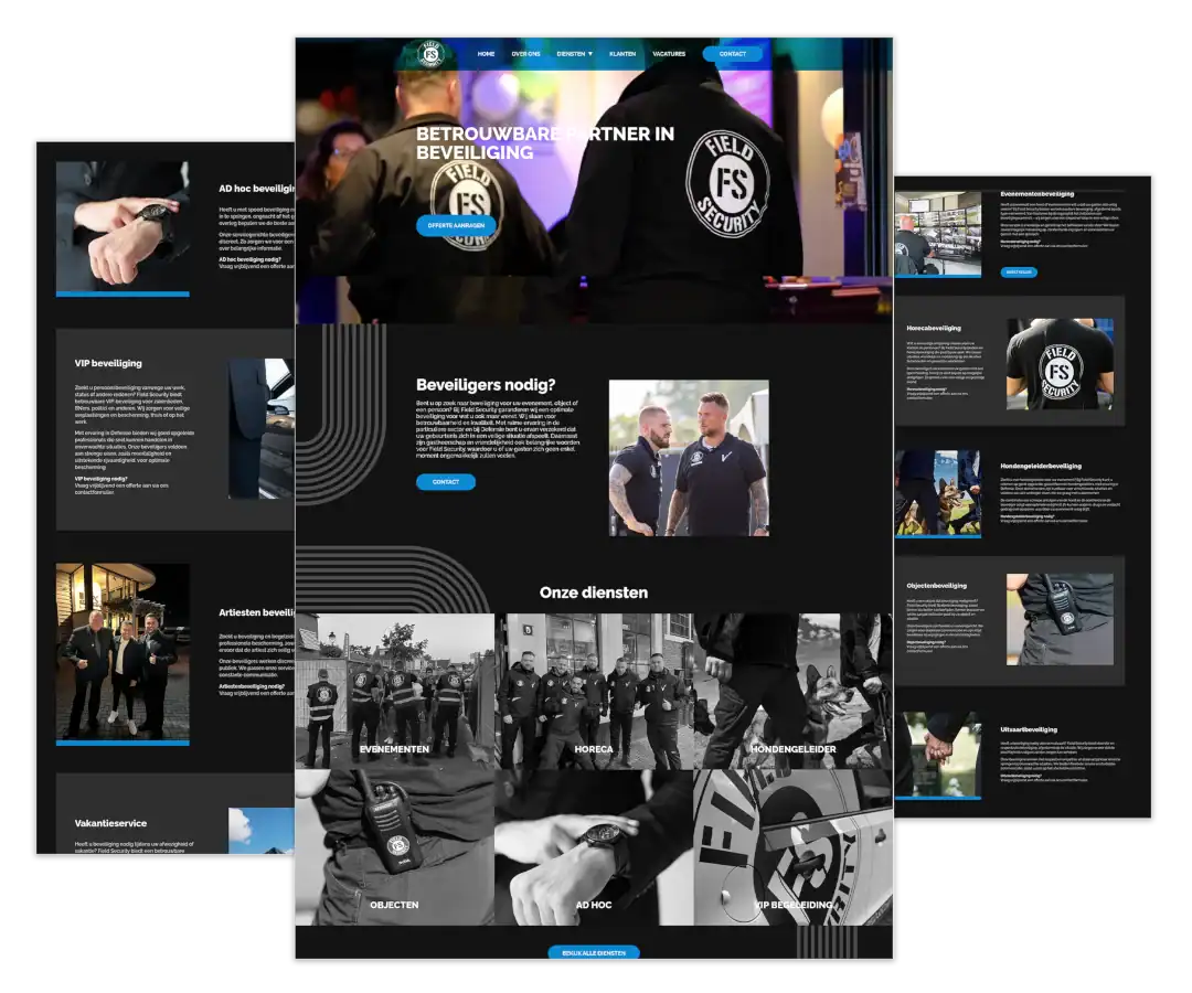 Mockup van de WordPress-website voor Field Security, gebouwd door mij als website bouwer Utrecht met ontwerp van FlairDesign en onder mijn hosting en onderhoud.
