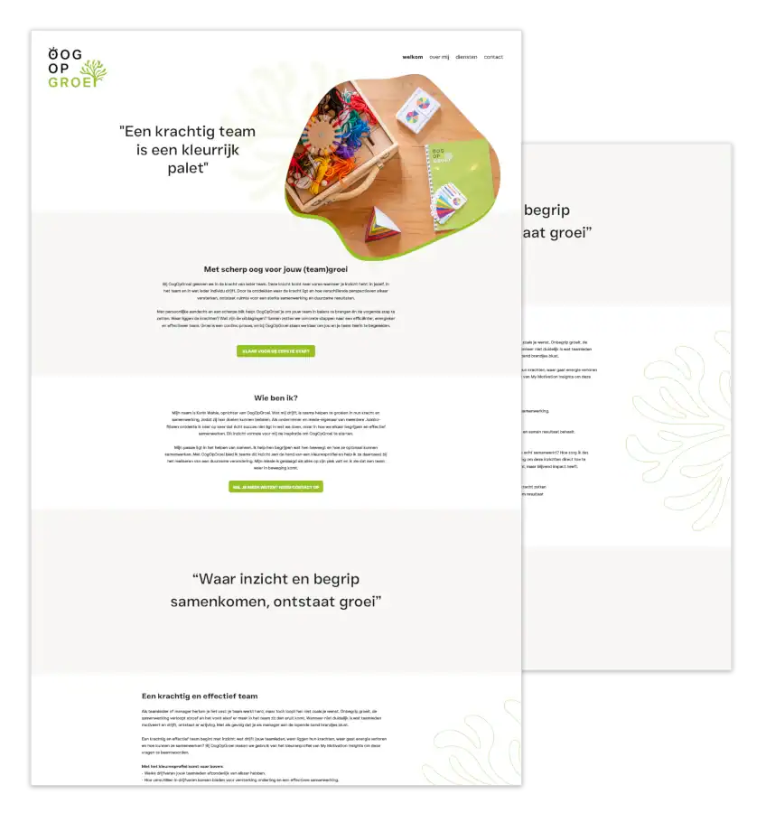 Mockup van de WordPress-website voor Oog op Groei, gebouwd door mij met ontwerp van Studio Atexo en onder mijn WordPress onderhoud en beveiliging.