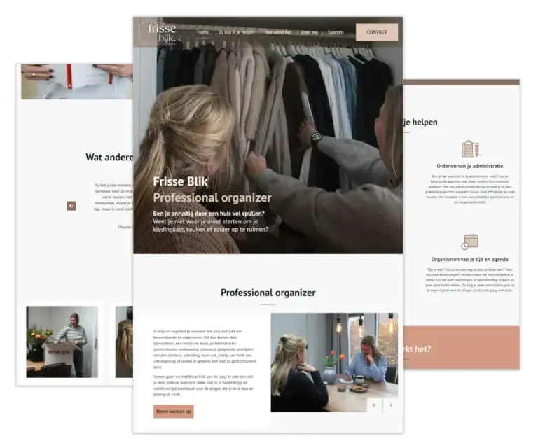 Mockup van de WordPress-website voor Organiseer met Frisse Blik in Wijk bij Duurstede, gebouwd door mij met ontwerp van FlairDesign en onder mijn hosting en onderhoud.