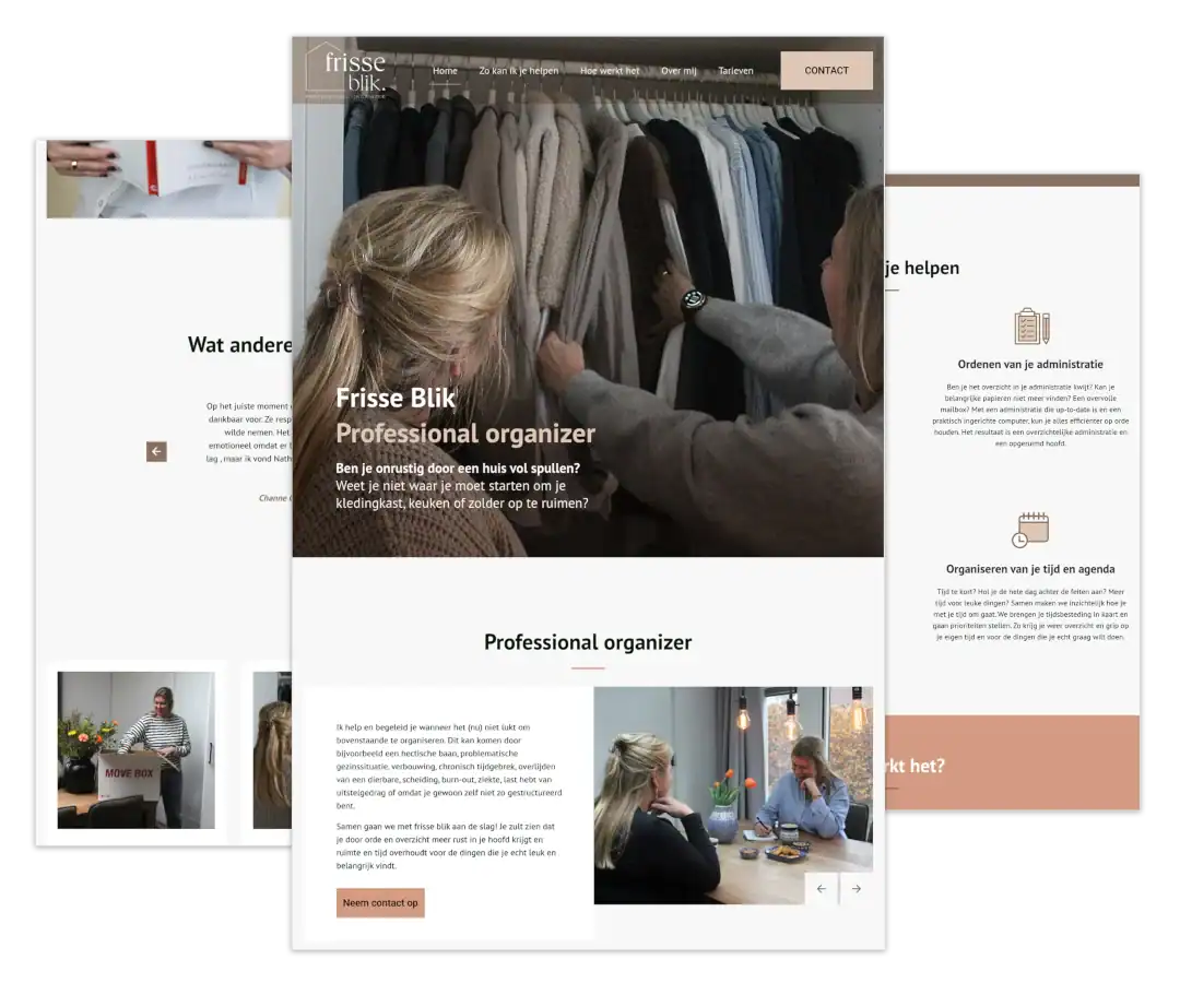 Mockup van de WordPress-website voor Organiseer met Frisse Blik in Wijk bij Duurstede, gebouwd door mij met ontwerp van FlairDesign en onder mijn hosting en onderhoud.