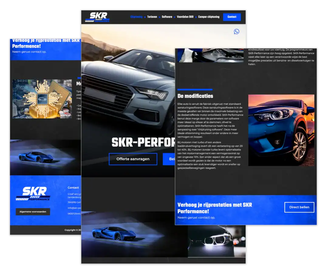 Mockup van de WordPress-website voor SKR Performance, gebouwd door mij met ontwerp van FlairDesign en onder mijn WordPress onderhoud en beveiliging.