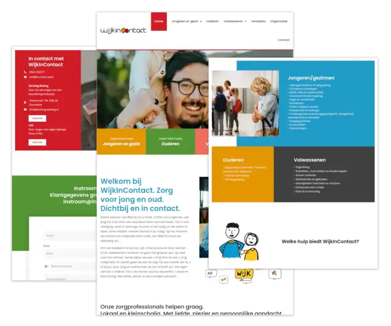 Mockup van de WordPress-website voor WijkInContact, gebouwd door mij met ontwerp van FlairDesign en onder mijn WordPress hosting en onderhoud.