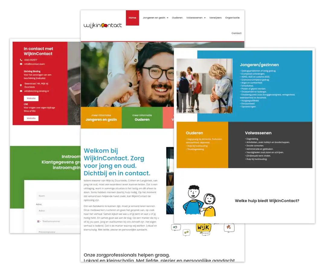 Mockup van de WordPress-website voor WijkInContact, gebouwd door mij met ontwerp van FlairDesign en onder mijn WordPress hosting en onderhoud.